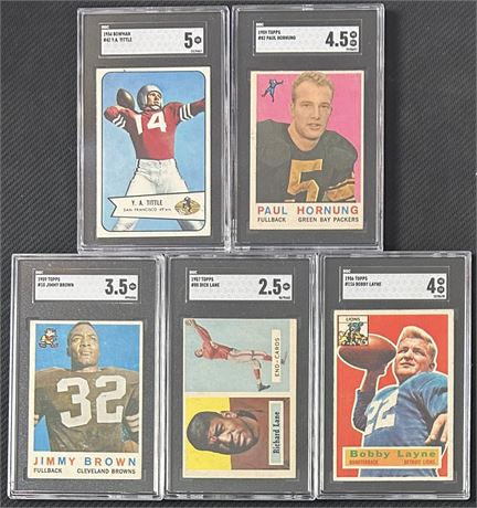 1954-1959 Topps & Bowman Football HOF Lot (5) w/ Jim Brown, Tittle, Lane, etc.