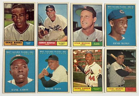 1961 Topps Lot (8) Mays, Aaron, Berra, Koufax, Musial, and Banks VG-EX READ