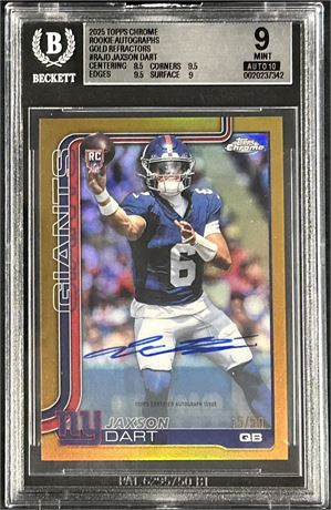 2025 Topps Chrome Rookie Auto Jaxson Dart RC Gold Refractor 15/50 BGS 9 Auto 10