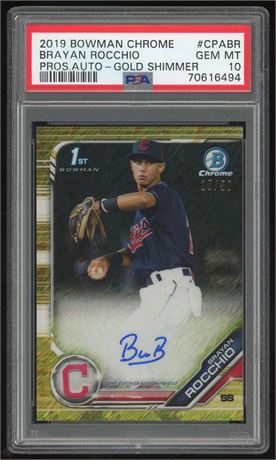 2019 Bowman Chrome Brayan Rocchio RC Prospect Auto Gold Shimmer 15/50 PSA 10