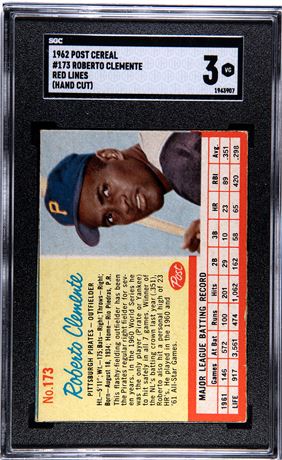 1962 Post Cereal #173 Roberto Clemente Red Lines Hand Cut SGC 3 VG