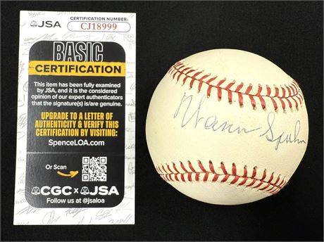 Warren Spahn Signed Official Major League Baseball JSA Some Toning