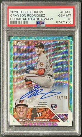 2023 Topps Chrome Grayson Rodriguez Rookie Auto Aqua Wave 138/199 PSA 10