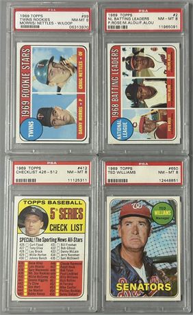 1969 Topps PSA 8 NMMT Graded Lot (4) w/ Ted Williams, Mantle CL