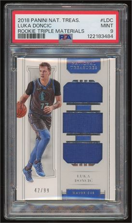 2018 Panini National Treasures Luka Doncic Rookie Triple Materials 42/99 PSA 9