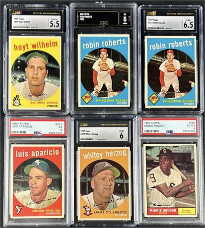 1959-1961 Topps PSA/SGC/GMA Graded Lot (6) w/ Aparicio, Roberts, and Minoso
