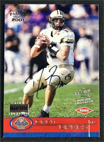 2001 Pacific #453 Drew Brees RC 664/1000 On Card Autograph