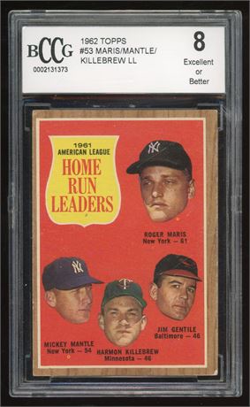 1962 Topps #53 Maris/Mantle/Killebrew HR Leaders BCCG 8 EX or Better