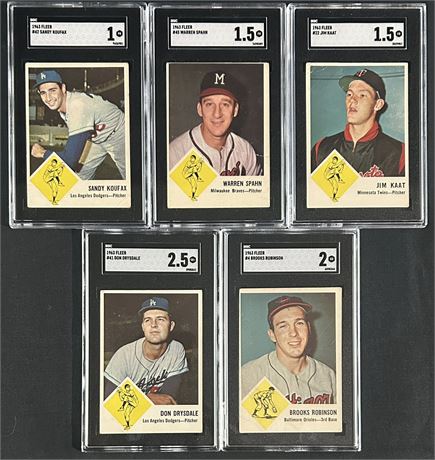 1963 Fleer Baseball Graded Card Lot (5) SGC 1 to SGC 2.5 w/Koufax, Drysdale