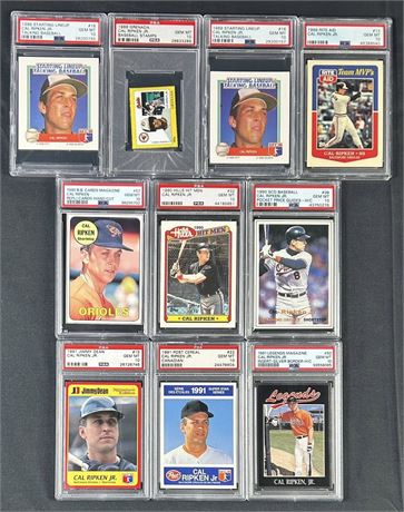 1988-1991 PSA 10 Graded Cal Ripken Jr Lot (10) w/ Starting Lineup, Post, Stamps