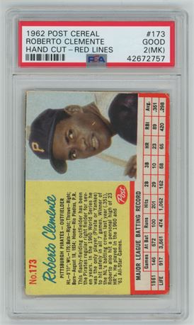 1962 Post Cereal #173 Roberto Clemente Hand-Cut-Red Lines PSA 2(MK)