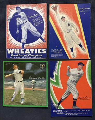 1937-1962 Wheaties & Aura Baseball Lot (4) w/ Mickey Mantle and Carl Hubbell