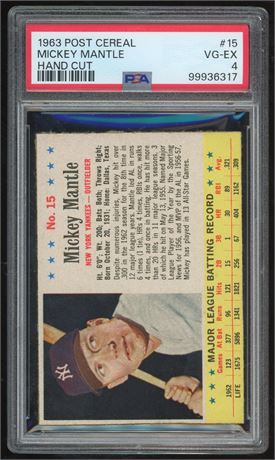 1963 Post Cereal #15 Mickey Mantle Hand Cut PSA 4 VGEX