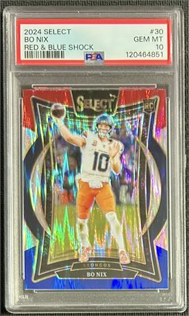 2024 Select #30 Bo Nix RC Red & Blue Shock PSA 10 GEM MINT