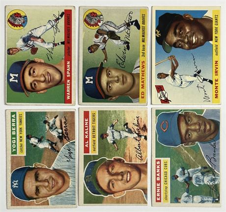 1955-56 HOF Lot (6) Banks, Kaline, Berra, Spahn, Irvin, and Mathews READ