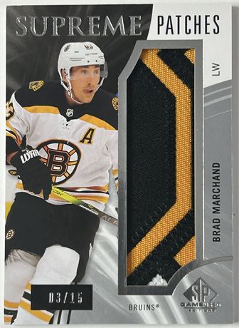 2020 Upper Deck SP Game Used 3/15 Brad Marchand Supreme Patches 3 Color Patch