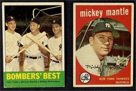 1959-1963 Topps Baseball Raw Lot (2) w/ Mickey Mantle Low Grade (Crease)
