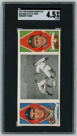 1912 T202 Hassan Triple Folder Moriarty/Cobb Good Play At Third SGC 4.5 VGEX+