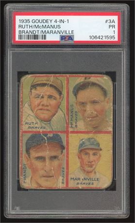 1935 Goudey 4-In-1 Babe Ruth/McManus/Brandt/Maranville PSA 1 POOR