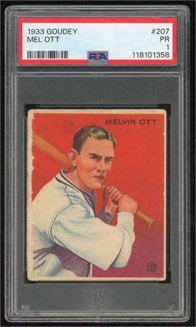 1933 Goudey #207 Mel Ott RC PSA 1 READ
