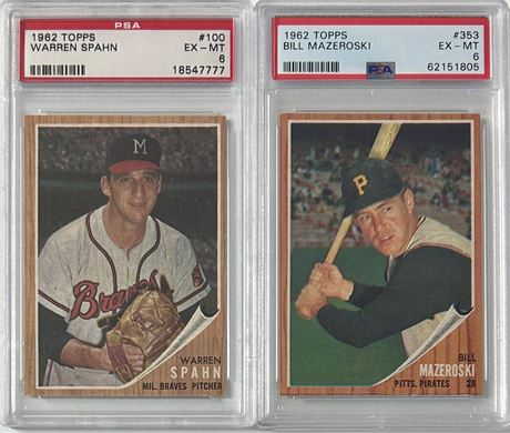1962 Topps Graded Lot (2) Warren Spahn & Bill Mazeroski PSA 6 EXMT