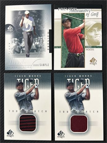 2001 Upper Deck Golf Tiger Woods RC Lot (4) w/ Tour-Used Shirt Swatches