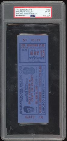 1953 Boxing May 15 Marciano Vs Walcott Full Ticket Blue Varation PSA 6 EXMT
