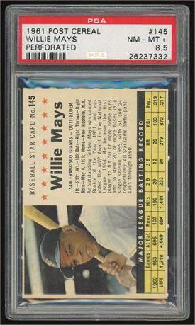 1961 Post Cereal #145 Willie Mays Perforated PSA 8.5 NMMT+ Pop 4 Only 9 Higher