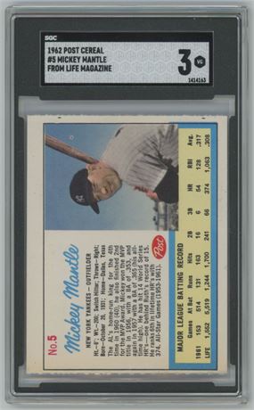 1962 Post Cereal #5 Mickey Mantle From Life Magazine SGC 3 VG