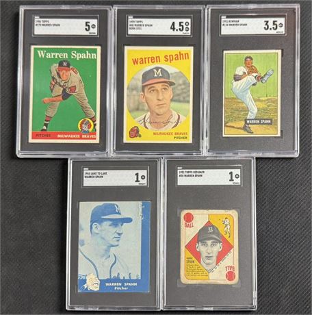 1951-1960 Warren Spahn SGC Graded Lot (5) w/ 1960 Lake to Lake Spahn