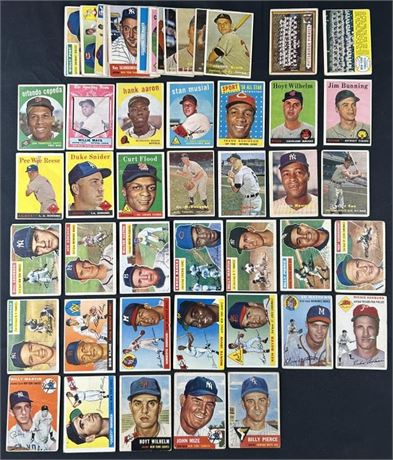 1953-1959 Topps Baseball Raw Lot (62) w/ 16 HOFers, Mays, & Aaron Low Grade