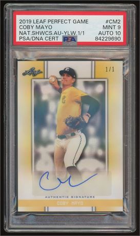 2019 Leaf Perfect Game National Showcase Auto Yellow Coby Mayo 1/1 PSA 9 Auto 10