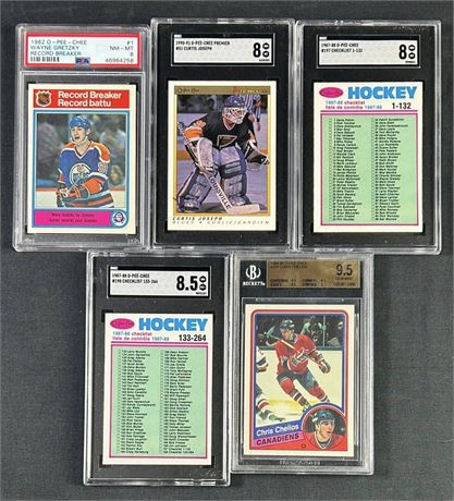 1982-1990 O-Pee-Chee Graded Hockey Lot (5) w/ Gretzky, and Chelios