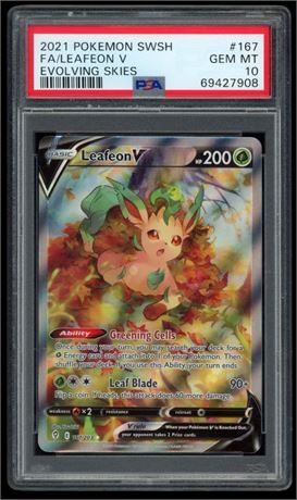 2021 Pokemon SWSH #167 FA/Leafeon V Evolving Skies PSA 10