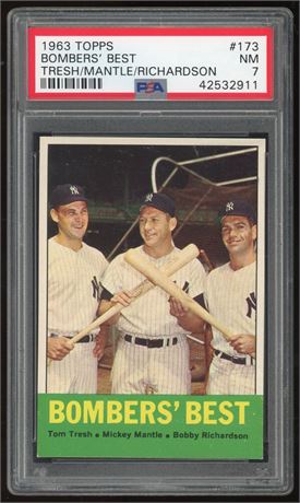 1963 Topps #173 Bombers Best Tresh, Mantle, and Richardson PSA 7 NM