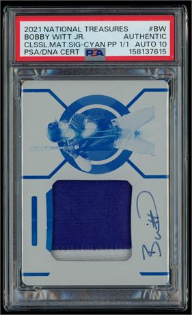 2021 National Treasures Bobby Witt Jr Cyan Printing Plate 1/1 PSA Auth Auto 10