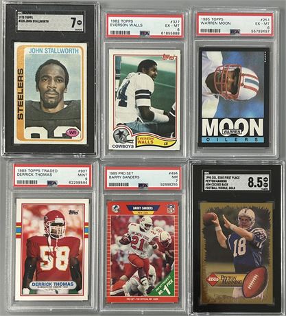 1978-98 Graded Football Star/HOF RC Lot (6) w/ Manning, Sanders, Moon