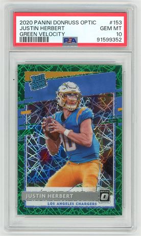 2020 Panini Donruss Optic #153 Justin Herbert Rated Rookie Green Velocity PSA 10