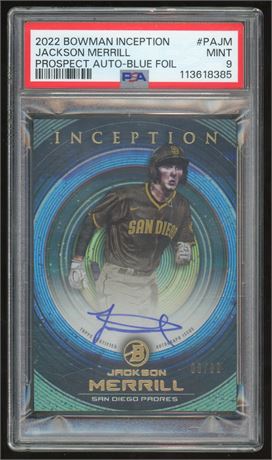 2022 Bowman Inception Jackson Merrill Prospects Auto Blue Foil 8/99 PSA 9 MINT