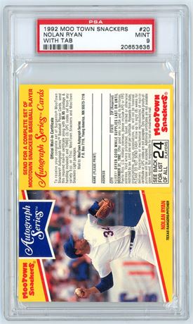 1992 Moo Town Snackers #20 Nolan Ryan With Tab PSA 9 MINT Pop 7 Only 4 Higher