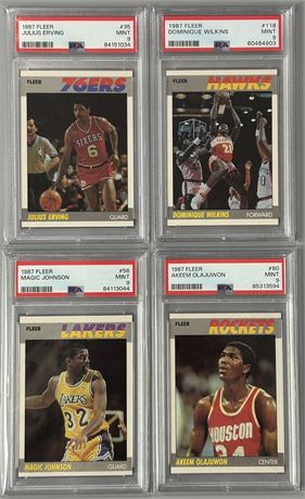 1987 Fleer Basketball PSA 9 MINT Lot (4) w/ Magic, Akeem, Dr. J & Wilkins
