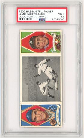 1912 T202 Hassan Triple Folder Moriarty/Cobb Good Play At Third PSA 3.5 VG+ READ