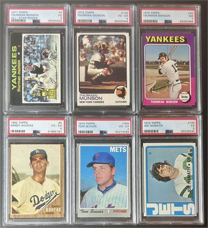 1962-75 PSA Graded Star Lot (6) w/ 2 Koufax, 3 Munson, Seaver, Namath