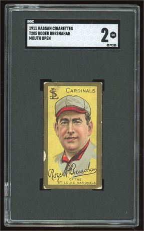 1911 T205 Hassan Roger Bresnahan Mouth Open SGC 2 GOOD