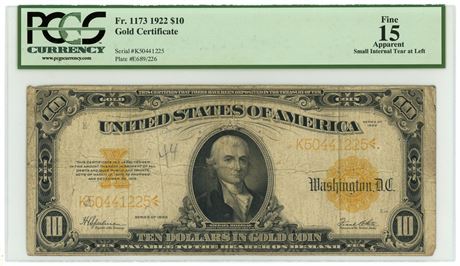 1922 Fr#1173 $10 Speelman/White Gold Certificate PCCS 15 Fine