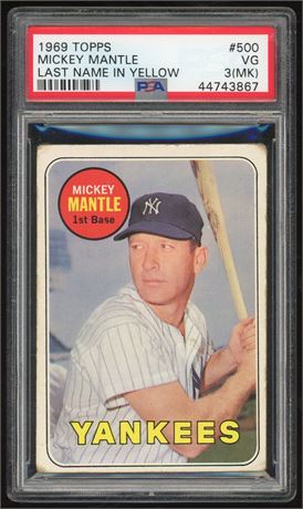 1969 Topps #500 Mickey Mantle Last Name in Yellow PSA 3(MK)