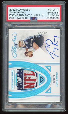 2022 Flawless Tony Romo Distinguished Patch Auto NFL Shield 1/1 PSA 8, Auto 10