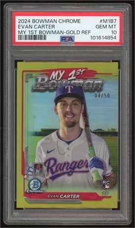 2024 Bowman Chrome Evan Carter RC My 1st Bowman Gold Refractor 4/50 PSA 10