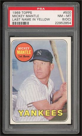 1969 Topps #500 Mickey Mantle Last Name In Yellow PSA 8(OC)