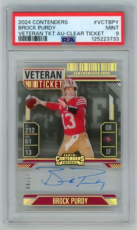 2024 Panini Contenders Brock Purdy Veteran Ticket Auto 6/10 Clear Ticket PSA 9